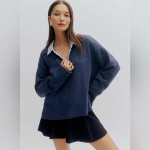 Reformation Sawyer Navy Blue 100% Cashmere Polo Oversized Sweater Size Medium
